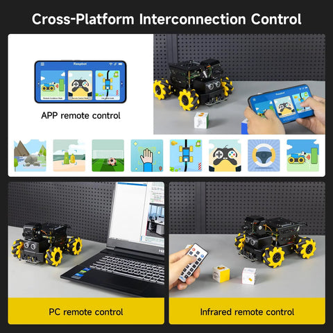 Raspberry Pi 5 AI Vision Robot with 360° mecanum wheels; yellow chassis with app remote control and PC/infrared remotes