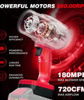 Cordless Leaf Blower For 18V Batteries 720 CFM 180 MPH Handheld Brushless Dust Blower With Light Battery Powered, showing motor.