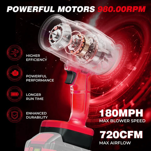 Cordless Leaf Blower For 18V Batteries 720 CFM 180 MPH Handheld Brushless Dust Blower With Light Battery Powered, showing motor.