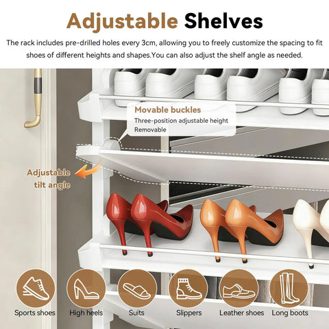 Adjustable shelves of Heavy Duty Slide Out Shoe Rack Badass Adjustable Organizer With 4 To 15 Tiers for fitting various shoe types.