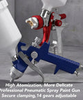 Heavy Duty Pro Grade Hvlp Spray Gun Dishes Out A Killer Smooth Finish With Solid Brass Nozzle, blue handle and adjustable gears.