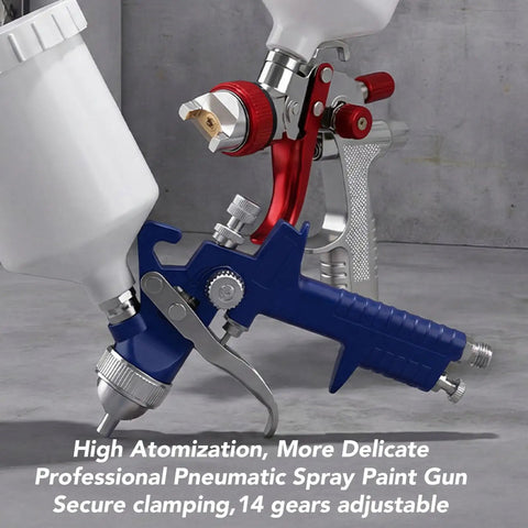 Heavy Duty Pro Grade Hvlp Spray Gun Dishes Out A Killer Smooth Finish With Solid Brass Nozzle, blue handle and adjustable gears.