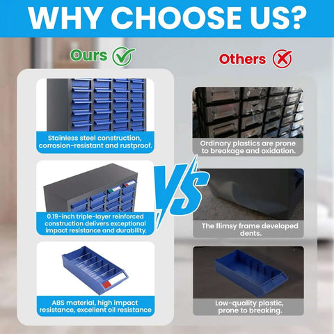 Comparison of a heavy-duty stainless steel nut and bolt organizer against a flimsy plastic alternative.