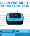 Beefy All In One Portable Solar Power Station with panel and built-in LED lights, blue with multimedia functions shown