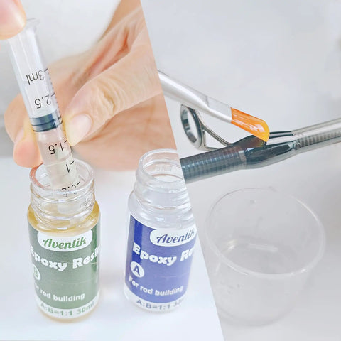 All In One Fishing Rod Repair Kit With Two Part Epoxy Resin shown with syringe and application brush