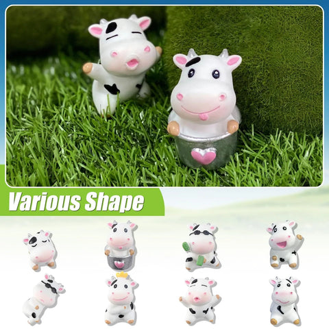 Front view: eight white cow car dashboard ornaments; plastic mini interior decor for cars.