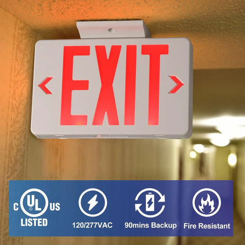 Red LED Exit Sign With Battery Backup Hardwired Emergency Exit Light UL Listed For AC 120/277V 6 Pack Commercial Emergency Lighting For Your Biz Visible From 100 Feet mounted on hallway ceiling