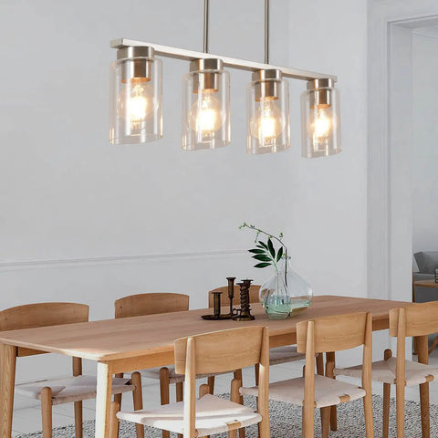 Farmhouse Style 4 Light Dining Room Fixture With Clear Glass Shades And Brushed Nickel Finish For Kitchen Island And Dining Table Lighting Upgrade