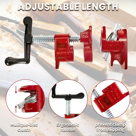 Eight Pack 3/4 Inch Pipe Clamps For Woodworking And Gluing Set Heavy Duty Cast Iron Pipe Clamp Fixture showing adjustable mechanism.