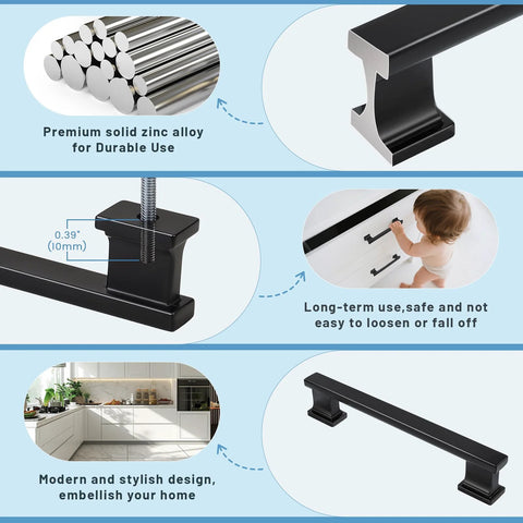 10 Pack Matte Black Solid Cabinet Pulls 5 Inch Center To Center 128mm with zinc alloy construction and modern design, shown in kitchen setting