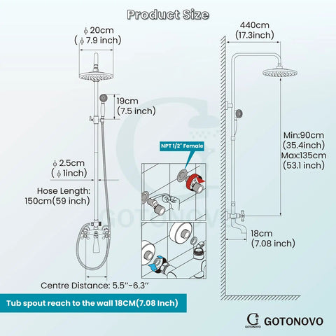 Diagram of Eight Inch Rainfall Showerhead With Exposed Faucet Set 3 Function Shower System With Easy Install Tub Spout.