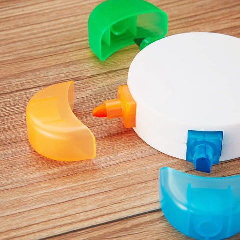 Three Piece Flower Petal Highlighters Set In Five Colors on wooden surface showing orange, blue, and green caps in petal shape