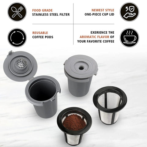 Dark gray reusable filter cup set for Cuisinart HomeBarista, showing stainless steel filter and one-piece lid design.