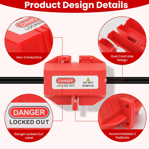 Industrial Grade Electric Plug Lockout Device for 110V to 125V Cords with Danger Locked Out Do Not Remove label, red body