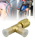 Two Pack Quick Coupler Access Tee Valve Adapters One Quarter Inch SAE Brass with Built In Valve Core close-up view