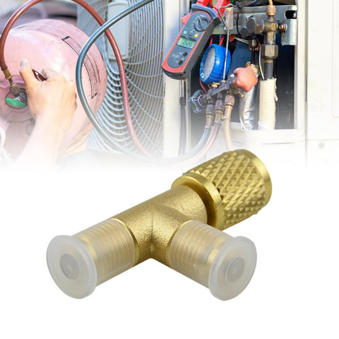 Two Pack Quick Coupler Access Tee Valve Adapters One Quarter Inch SAE Brass with Built In Valve Core close-up view