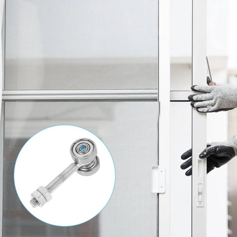 Rock Solid Heavy Duty Sliding Door Roller Featuring Dual Bearings For Butter Smooth Closet Track Replacement And Effortlessly Handles Up To 50 KG Loads Like A Pro, showing installation with gloves.