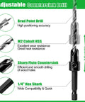 Adjustable Countersink Drill showing brad point, M2 cobalt material, sharp flute, and 1/4" hex shank for Heavy Duty Countersink Drill Bit Set, 23 Piece Tapered Wood Bits With Plug Cutter, Slick Hex Shank, Adjustable Depth Rings, Pro Workhorse Kit With Sandpaper And Sturdy Carry Box.