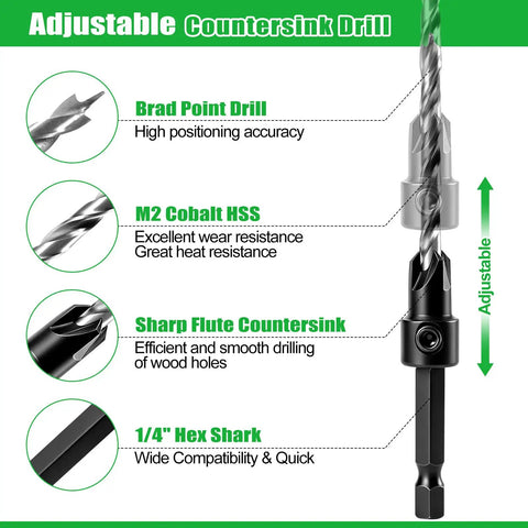 Adjustable Countersink Drill showing brad point, M2 cobalt material, sharp flute, and 1/4" hex shank for Heavy Duty Countersink Drill Bit Set, 23 Piece Tapered Wood Bits With Plug Cutter, Slick Hex Shank, Adjustable Depth Rings, Pro Workhorse Kit With Sandpaper And Sturdy Carry Box.