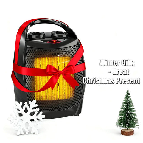 Portable 1500W/750W Ceramic Space Heater with PTC Quick Heat, wrapped with a red ribbon, next to holiday decorations.
