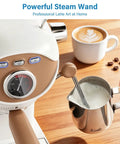 Compact Espresso Maker With 20 Bar Pressure And Built In Milk Frother Semi Automatic Coffee Brewer close-up of steam wand and milk frother.