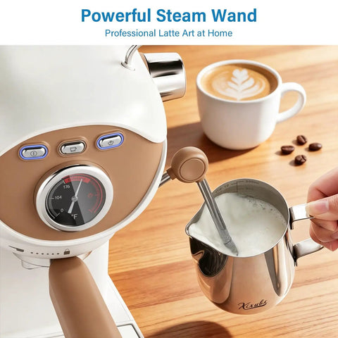 Compact Espresso Maker With 20 Bar Pressure And Built In Milk Frother Semi Automatic Coffee Brewer close-up of steam wand and milk frother.