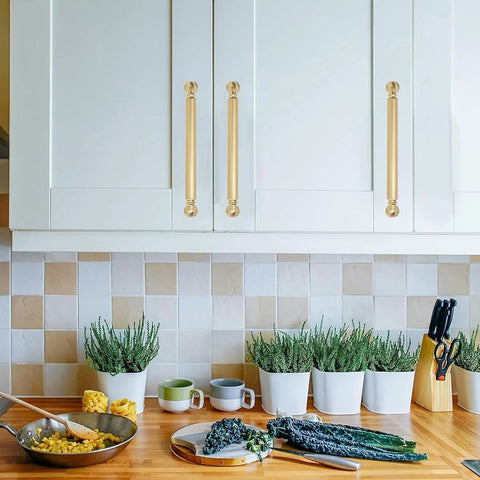 Champagne Bronze Solid Cabinet Pulls Set Of Ten, 5 Inch Center To Center Heavy Duty Handles on white kitchen cabinets with plants