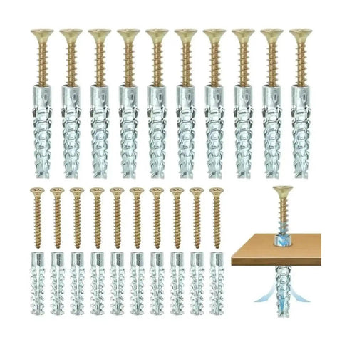Heavy Duty Hollow Wall Anchor Kit Rock Solid Expansion Bolts For Drywall And Plaster No Sweat Installation Built Tough Setup Sweet Gear. Various sizes of anchors and screws displayed.