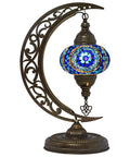Dope Moon Shaped Mosaic Table Lamp With Turkish Glass Handmade Moroccan Boho Vintage Stained Glass Desk Lamp Tiffany Style Nightstand Lamp US Plug And E12 Socket Unique Artisan Lighting Decor