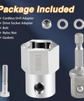 Front view of EVRBUL stainless steel top-wind trailer jack cordless drill adapter kit with 1/2 in socket adapter, bolt, nut, and gaskets