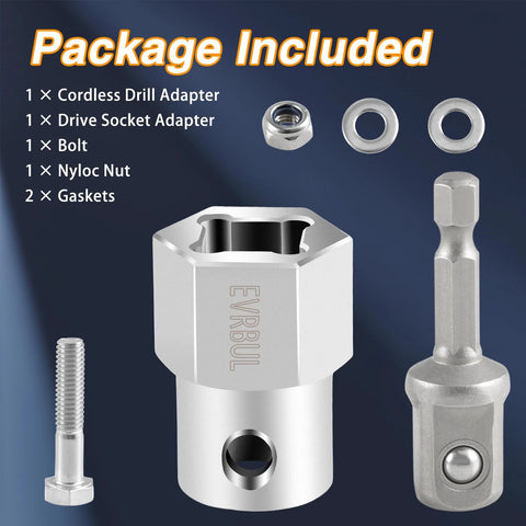 Front view of EVRBUL stainless steel top-wind trailer jack cordless drill adapter kit with 1/2 in socket adapter, bolt, nut, and gaskets