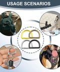 Ten Pack One Inch Spring D Ring Purse Clips Metal Carabiner Keychain Clips For Bag Straps And Key Fobs Dog Tag Clasps Paracord Keyrings Inner Diameter 25.5mm Wire Diameter 4.3mm Great For EDC Gear shown with usage scenarios