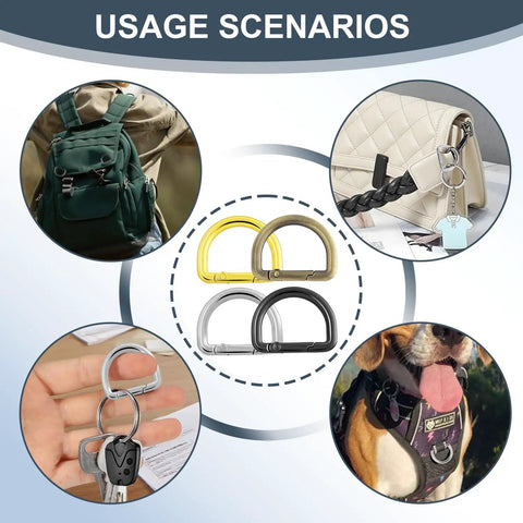 Ten Pack One Inch Spring D Ring Purse Clips Metal Carabiner Keychain Clips For Bag Straps And Key Fobs Dog Tag Clasps Paracord Keyrings Inner Diameter 25.5mm Wire Diameter 4.3mm Great For EDC Gear shown with usage scenarios