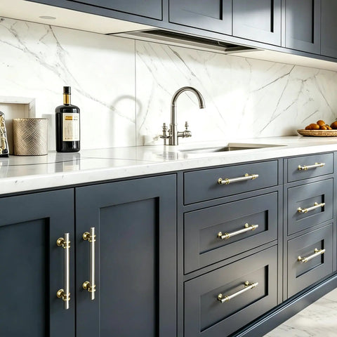 Modern kitchen with dark cabinets featuring 10 Pack Brushed Nickel And Gold Cabinet Knobs Set For Kitchen Cabinets And Vanities.