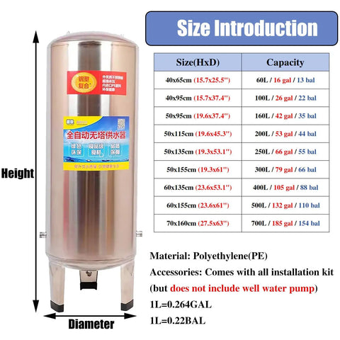 Heavy Duty Steel Vertical Well Water Pressure Tank With 79 Gallon Pre Charged Bladder And No Sweat Mounting Kit For Hot Water Heaters And Rock Solid Daily Water Boosts size chart image.