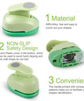 Three green circle punches showing material, non-slip safety design, and convenience features for paper crafts and card making.