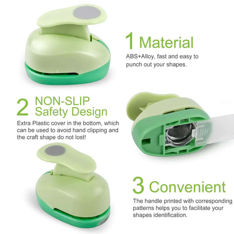 Three green circle punches showing material, non-slip safety design, and convenience features for paper crafts and card making.
