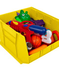 Stackable Plastic Storage Bins Three Pack For Garage Pantry And Craft Room Organization Built To Take A Beating Holds Up To 75 Pounds Each Space Saving Yellow Bins Measuring 18 By 16 By 11 Inches packed with toys