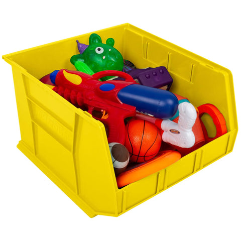 Stackable Plastic Storage Bins Three Pack For Garage Pantry And Craft Room Organization Built To Take A Beating Holds Up To 75 Pounds Each Space Saving Yellow Bins Measuring 18 By 16 By 11 Inches packed with toys