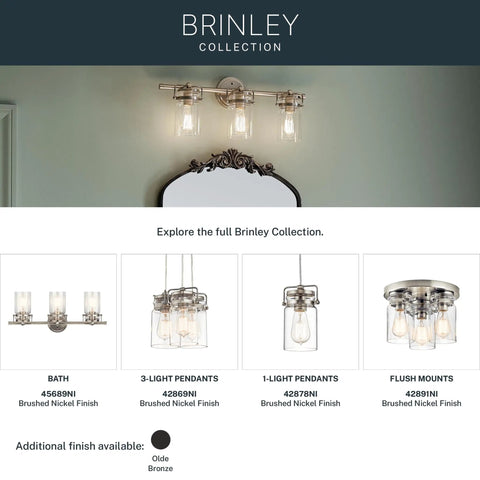 Brinley 24-Inch Three-Light Vanity Light In Brushed Nickel With Clear Glass Farmhouse Chic Bathroom Fixture Sits Above Mirror