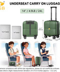 14 Inch Underseat Carry On Luggage With Wheels shown fitting under airplane seats.