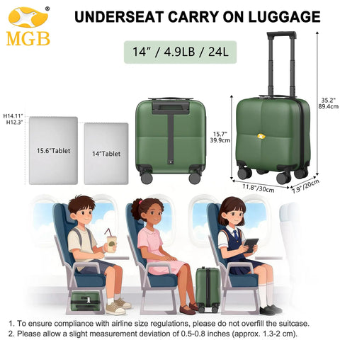 14 Inch Underseat Carry On Luggage With Wheels shown fitting under airplane seats.