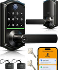 Genuine Matte Black Smart Lever Lock Boasting Hella Fast AI Fingerprint Unlock And Smooth App Control Keypad Entry for secure access.
