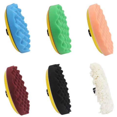 6 various colored sponge and wool pads from 7 Inch Buffing And Polishing Pad Kit With 7 Pieces, durable polyurethane and wool.