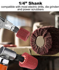 7 Piece Non-Woven Abrasive Buffing Wheel Set For Drill With One Quarter Inch Shank, red 320 grit scouring pads attached to drills