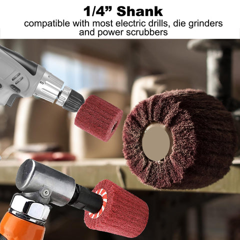7 Piece Non-Woven Abrasive Buffing Wheel Set For Drill With One Quarter Inch Shank, red 320 grit scouring pads attached to drills