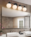 Matte Black Four Light Bathroom Vanity Fixture With Frosted Globe Glass Mid Century Modern Up Down Mount Over Mirror Lighting