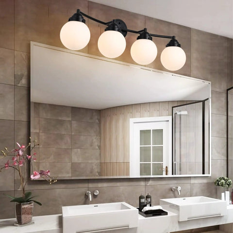Matte Black Four Light Bathroom Vanity Fixture With Frosted Globe Glass Mid Century Modern Up Down Mount Over Mirror Lighting