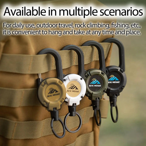 Beefy Heavy Duty Retractable Keychain With Multitool Carabiner Badge Holder And Id Clip Upgraded 58 Cm Stainless Steel Cord installed on backpack
