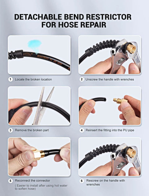 Step-by-step guide to repairing 1/4 In Polyurethane Recoil Air Hose With 28 Ft Length, showing bend restrictor removal and reconnection.